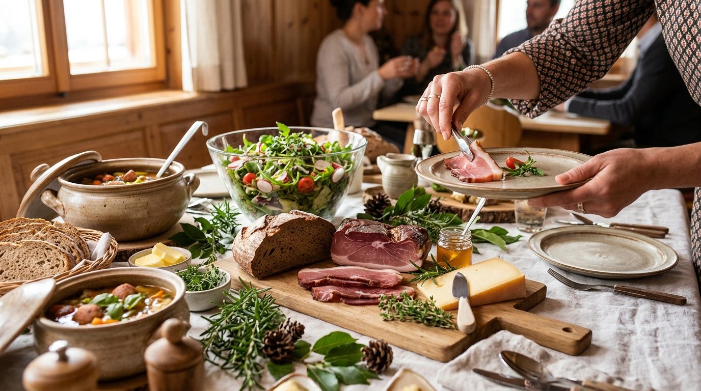Symbolbild: regionales Buffet mit Käse, Schinken und Brot